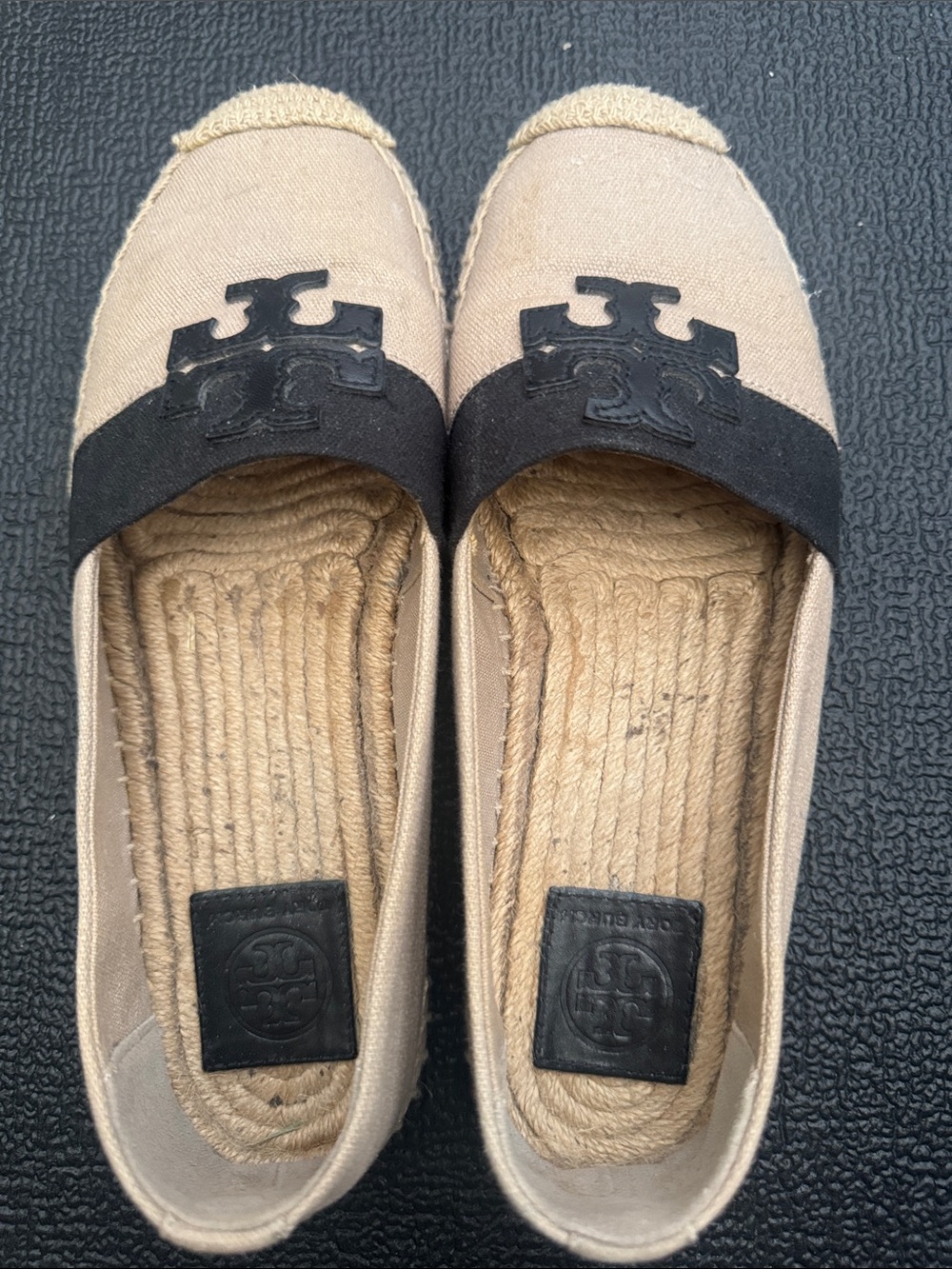 Tory Burch Neutral Canvas Espadrille Flats with Black Logo Band